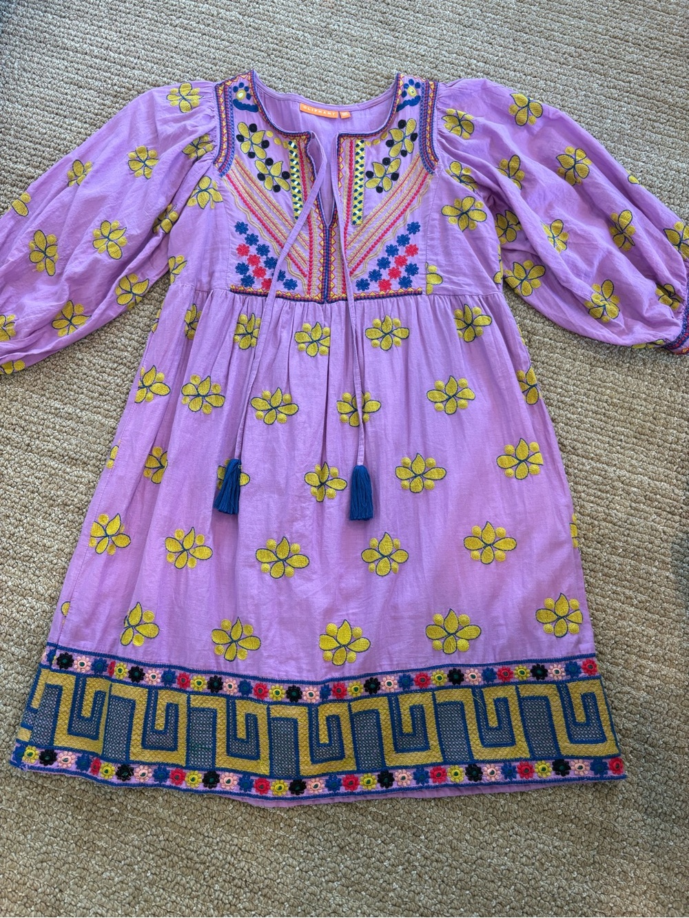 Oliphant Lavender Long-Sleeve Embroidered Peasant Dress with Yellow Floral Motif